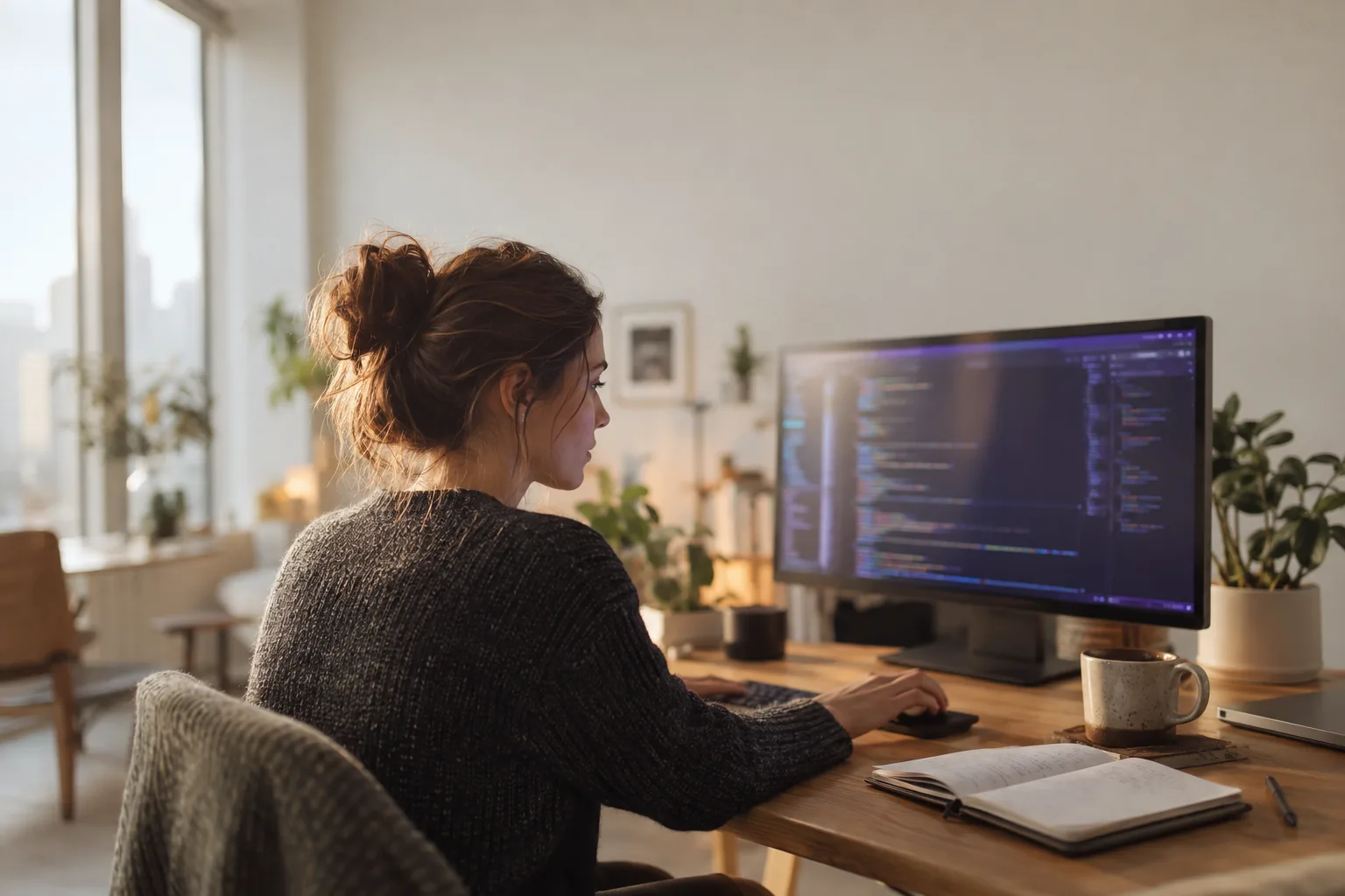 Developer working at a large code display in a bright studio
